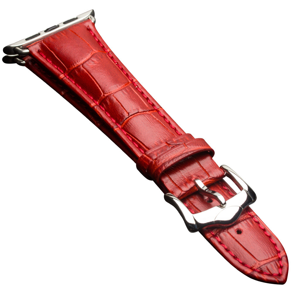 Uniqkart for Apple Watch Series 8 7 41mm / Series 6 SE / SE(2022) 5 4 40mm / Series 3 2 1 38mm Crocodile Texture Genuine Leather Wrist Strap - Red