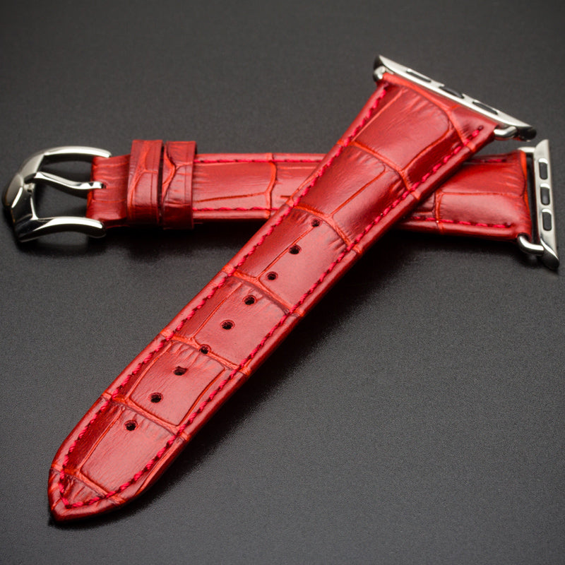 Uniqkart for Apple Watch Series 8 7 41mm / Series 6 SE / SE(2022) 5 4 40mm / Series 3 2 1 38mm Crocodile Texture Genuine Leather Wrist Strap - Red