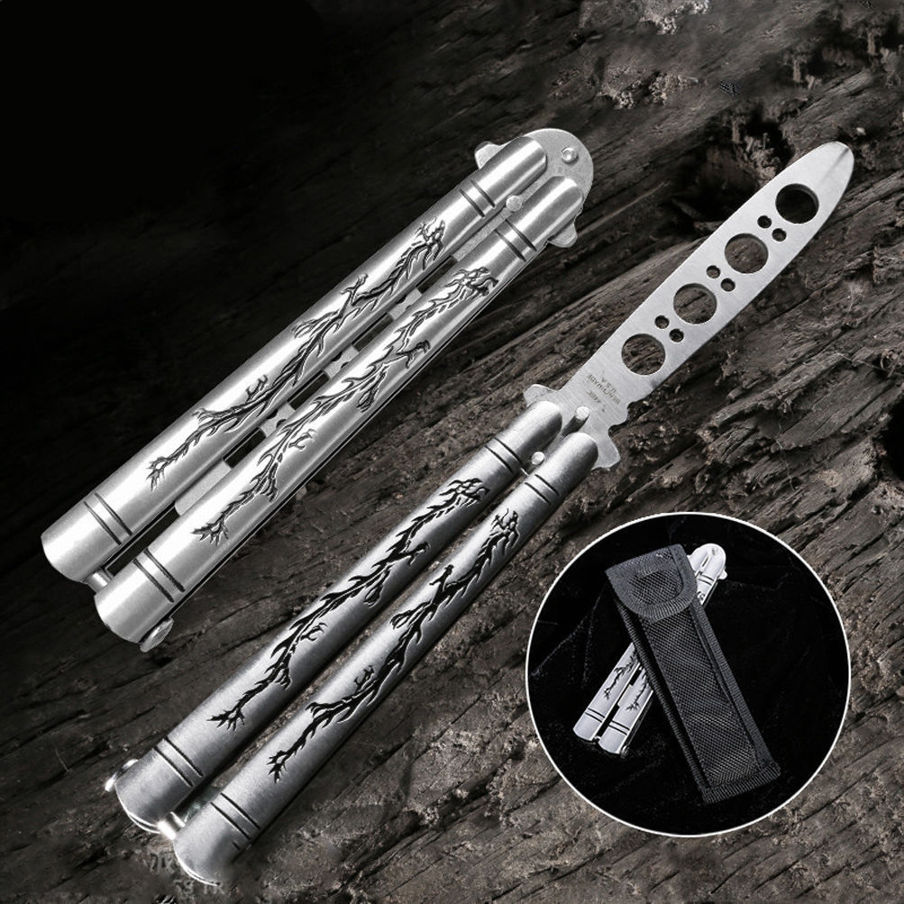 Practice Butterfly Knife Full Stainless Steel Black Dragon Dull Butterfly Knife Trainer Butterfly Knife Comb