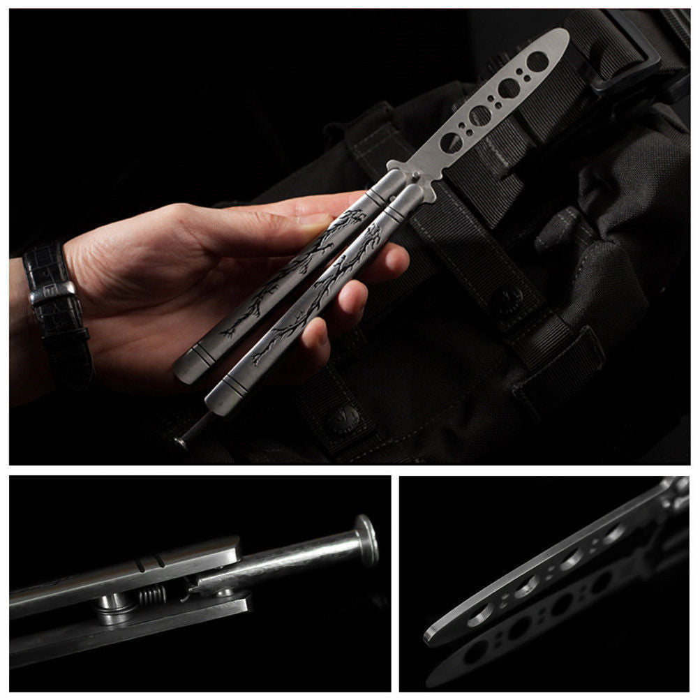 Practice Butterfly Knife Full Stainless Steel Black Dragon Dull Butterfly Knife Trainer Butterfly Knife Comb