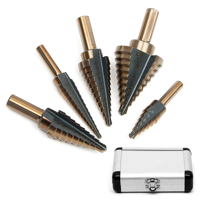 5 PCS Stepped Drills Imperial Tool Set with Aluminum Box