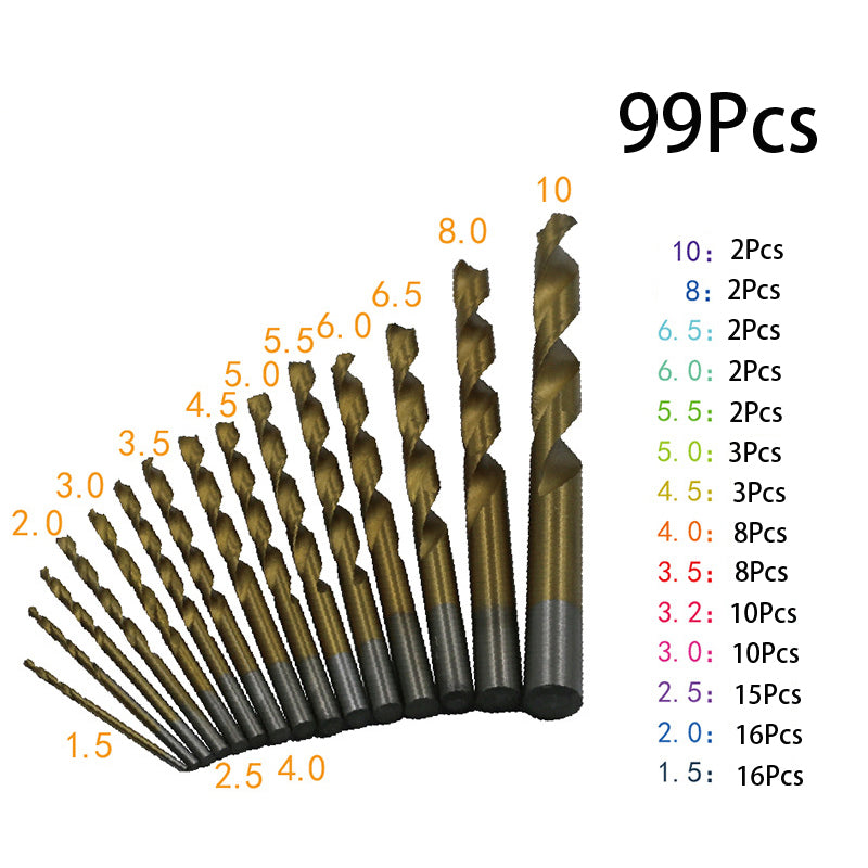 99Pcs/Set 1.5mm - 10mm Titanium HSS Drill Bits