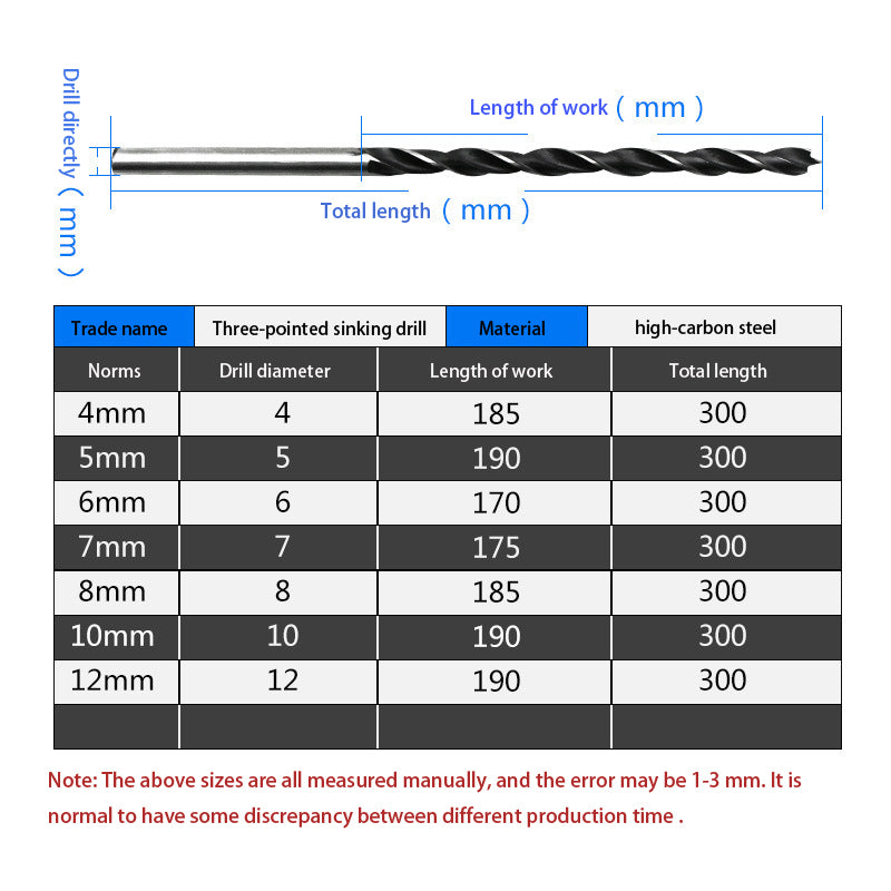 7Pcs/Set 300mm Long High-carbon Steel Twist Drill Bit Wood Drills Set