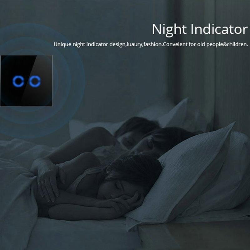 D6-02 86mm Wall Touch Switch, Tempered Glass Panel, 2 Gang 1 Way, EU / UK Standard (Black)