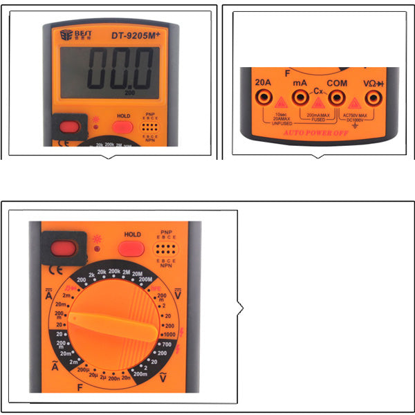 Uniqkart BST-9205M+ LCD Display Digital Multimeter Handheld AC/DC Tester Device - Orange + Black
