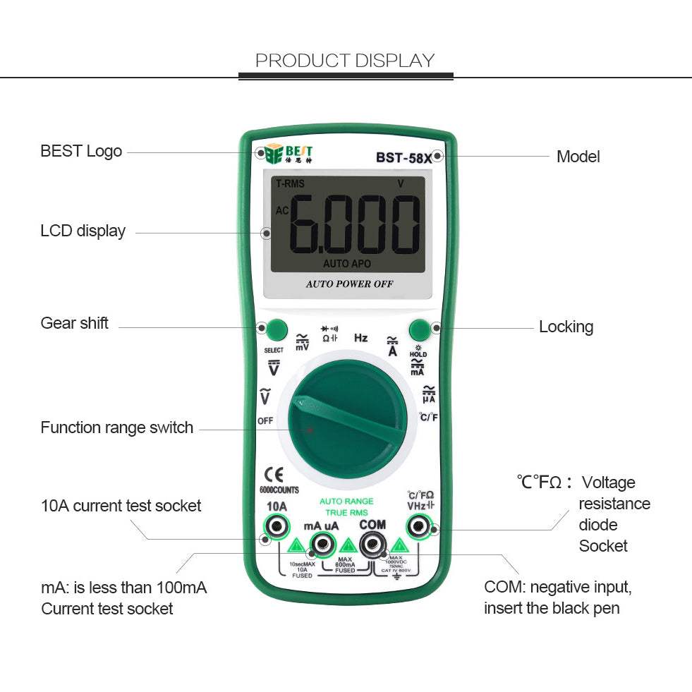 Uniqkart BST-58X Automatic Digital Multimeter Intelligent 6000 Counts AC/DC Voltage Current Test Tool