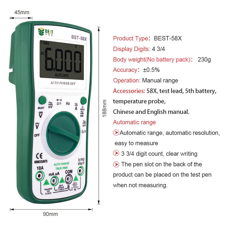 Uniqkart BST-58X Automatic Digital Multimeter Intelligent 6000 Counts AC/DC Voltage Current Test Tool