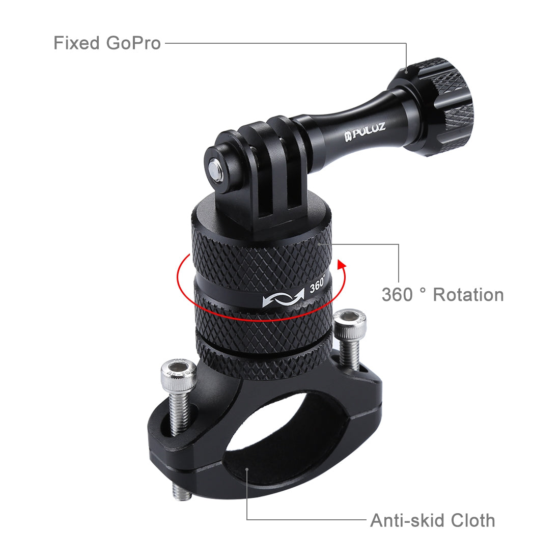 Puluz 360 Degree Rotation Bike Aluminum Handlebar Adapter Mount with Screw for GoPro 5 Camera - Black