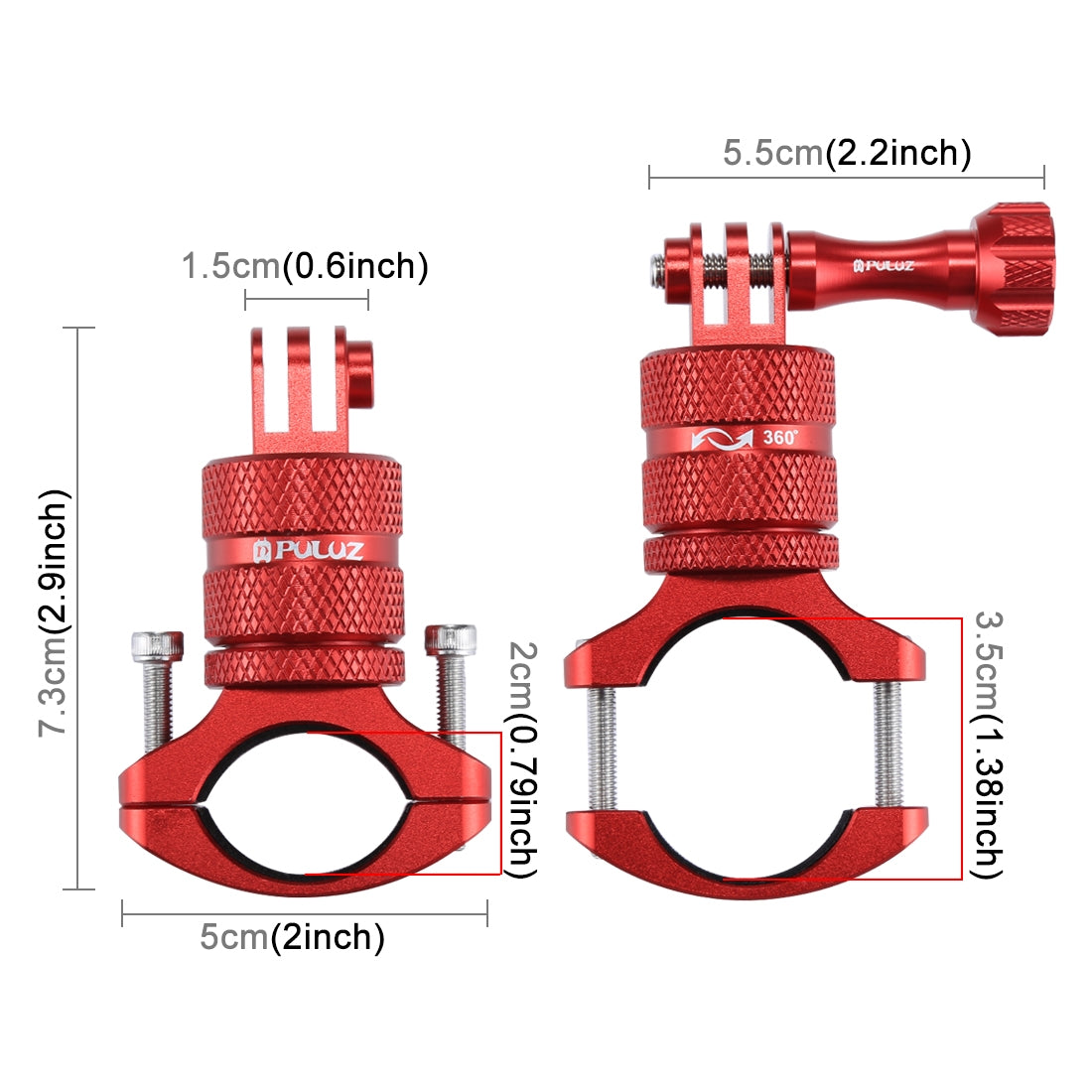 Puluz 360 Degree Rotation Bike Aluminum Handlebar Adapter Mount with Screw for GoPro 5 Camera - Red