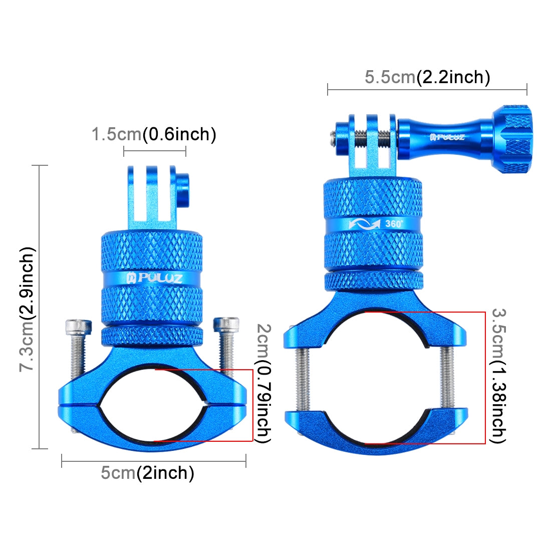 Puluz 360 Degree Rotation Bike Aluminum Handlebar Adapter Mount with Screw for GoPro 5 Camera - Blue