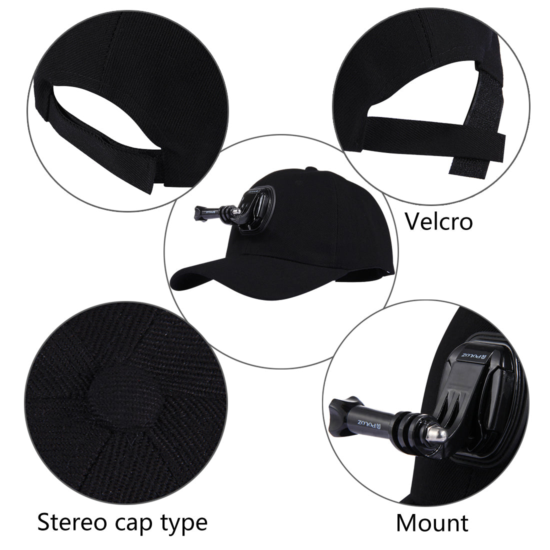 PULUZ PU195 Sports Camera Hat for Gopro Accessories Adjustable Cap with Screws and J Stent Base for GoPro Camera - Black