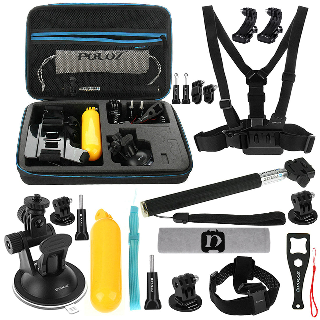 Puluz PKT11 20 in 1 Accessories Combo Kits with EVA Case Head Strap J-Hook Buckles Tripod Adapter Storage Bag for GoPro