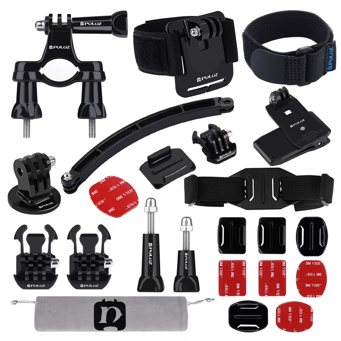 Puluz PKT19 24 in 1 Bike Helmet Strap Extension Arm Quick Release Buckles Surface Mounts Combo Kit for GoPro