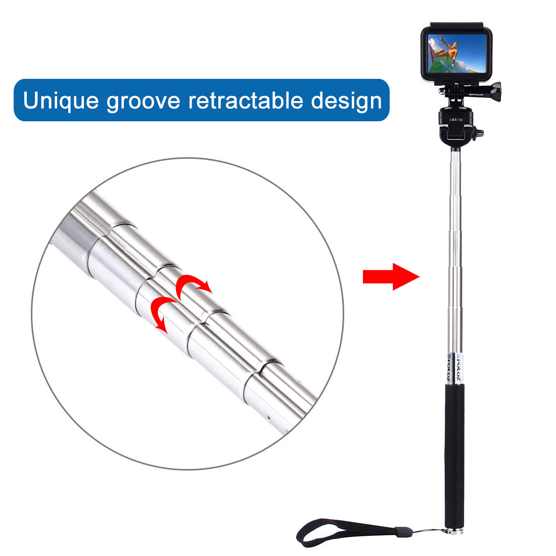 PULUZ PU55 Extendable Selfie Stick Adjustable Telescoping Handheld Monopod Pole for GoPro Hero 7/6/5/5 Session/4Session/4/3+/3/2/1, DJI Osmo Action Camera