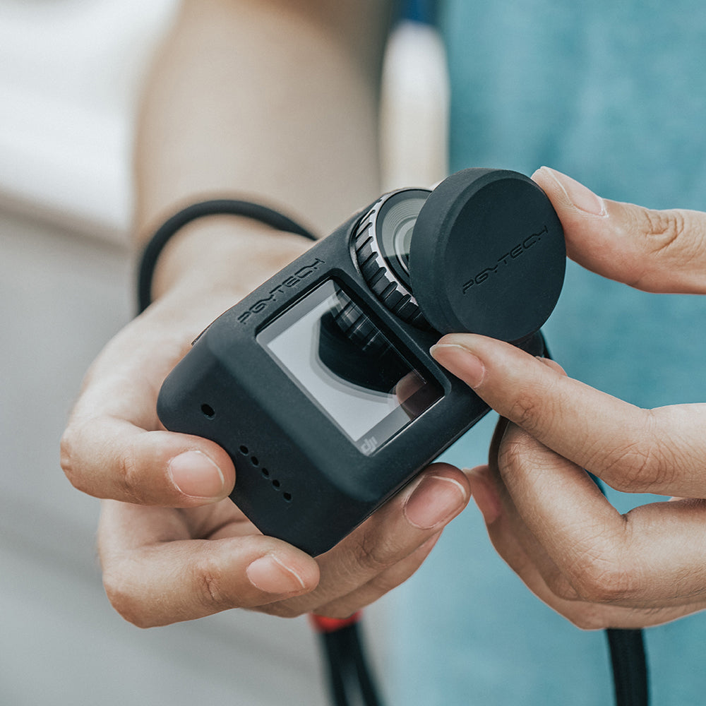 P-11B-014 Silicone Rubber Case Protective Lens Cover Lens Cap Hood with Lanyard for DJI Osmo Action - Black