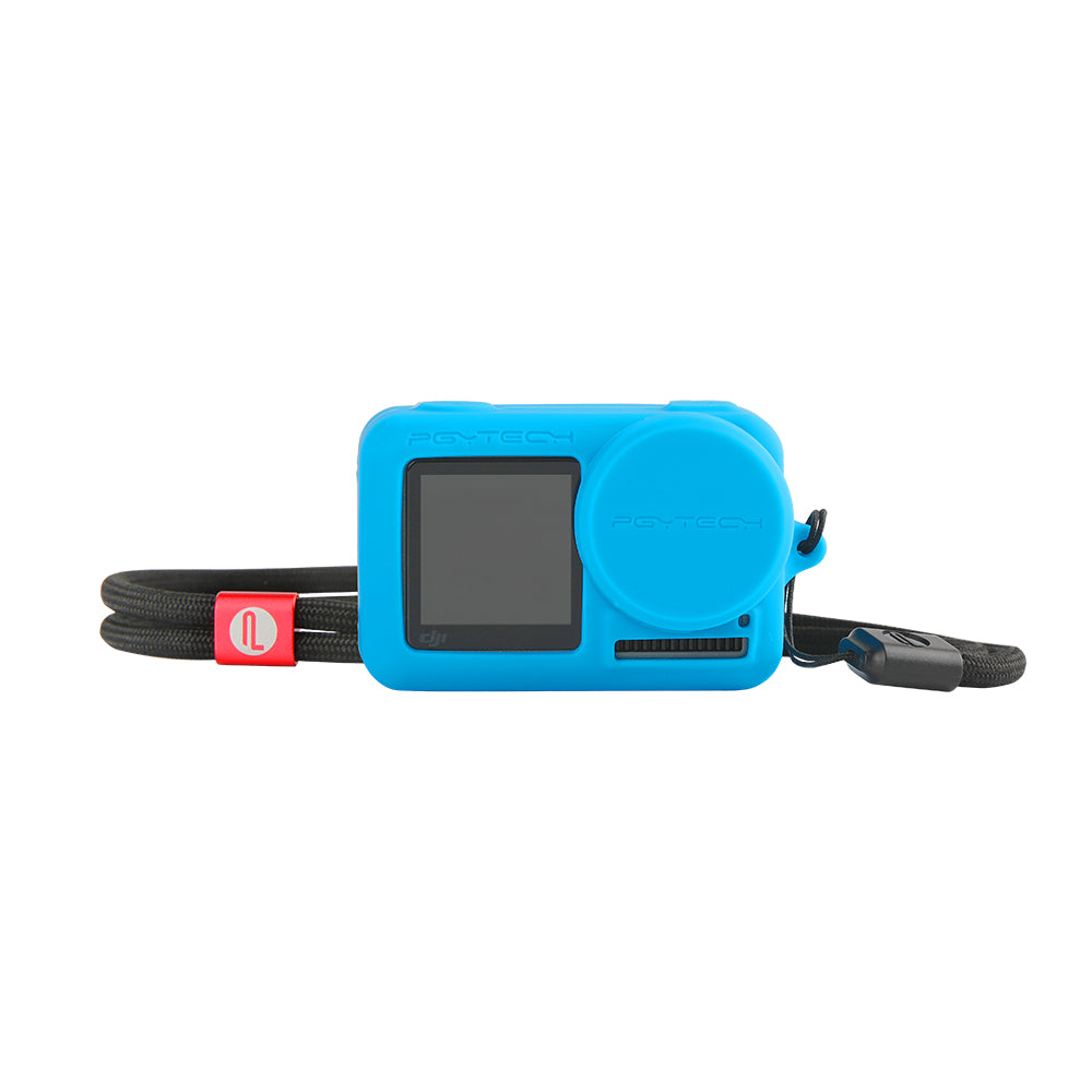 P-11B-014 Silicone Rubber Case Protective Lens Cover Lens Cap Hood with Lanyard for DJI Osmo Action - Blue