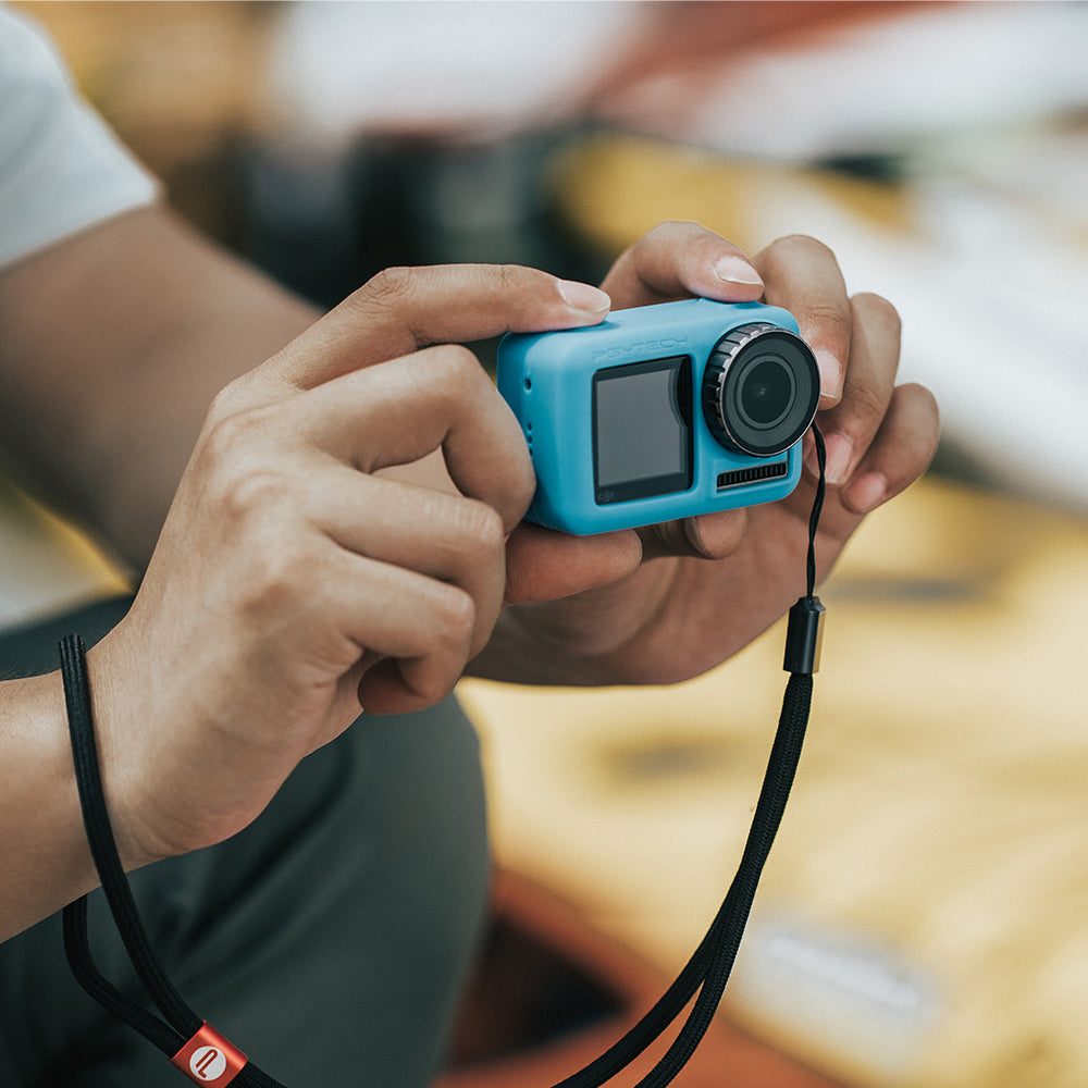 P-11B-014 Silicone Rubber Case Protective Lens Cover Lens Cap Hood with Lanyard for DJI Osmo Action - Blue