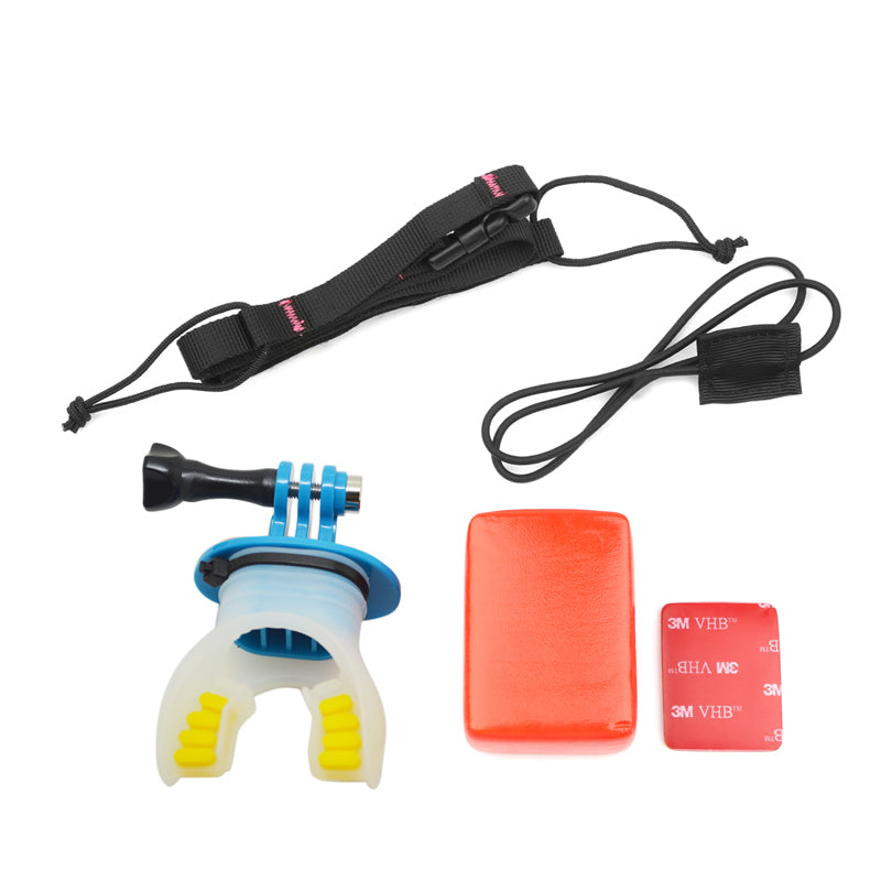 SHOTT Surfing Shooting Camera Mouth Mount Set with Floaty Float & Lanyard Strap for GoPro Hero 5 7 8 - Blue