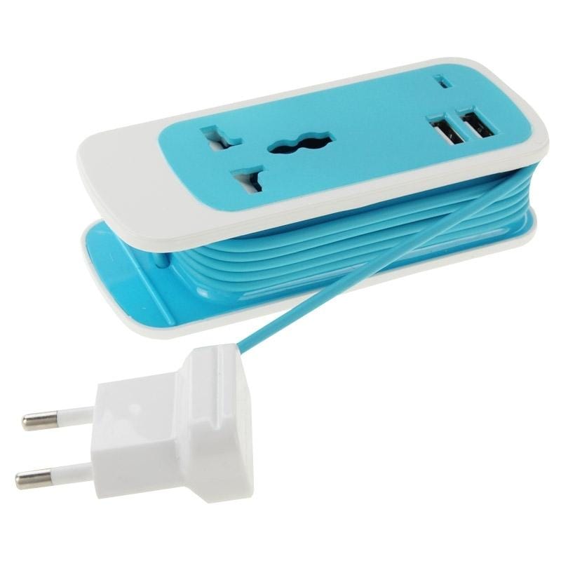 EU Plug Colorful 3 in 1 Dual USB Universal Power Socket, 2.1A Output, Cable Length: 1.5M (Blue)