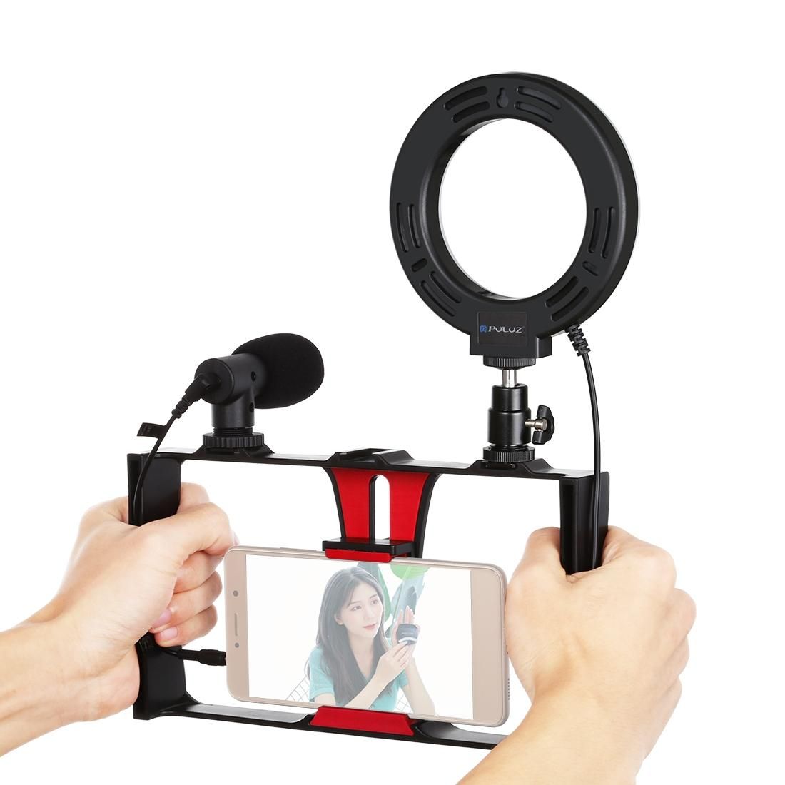 PULUZ 3 in 1 Vlogging Live Broadcast Smartphone Video Rig + Microphone + 4.7 inch 12cm Ring LED Selfie Light Kits with Cold Shoe Tripod Head for iPhone, Galaxy, Huawei, Xiaomi, HTC, LG, Google, and Other Smartphones (Red)