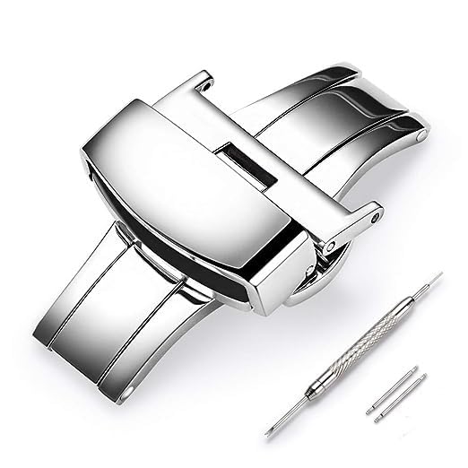 UNIQKART Stainless Steel Deployment Buckle Fasten Silver Watch Band Clasp Color & Width (22mm)