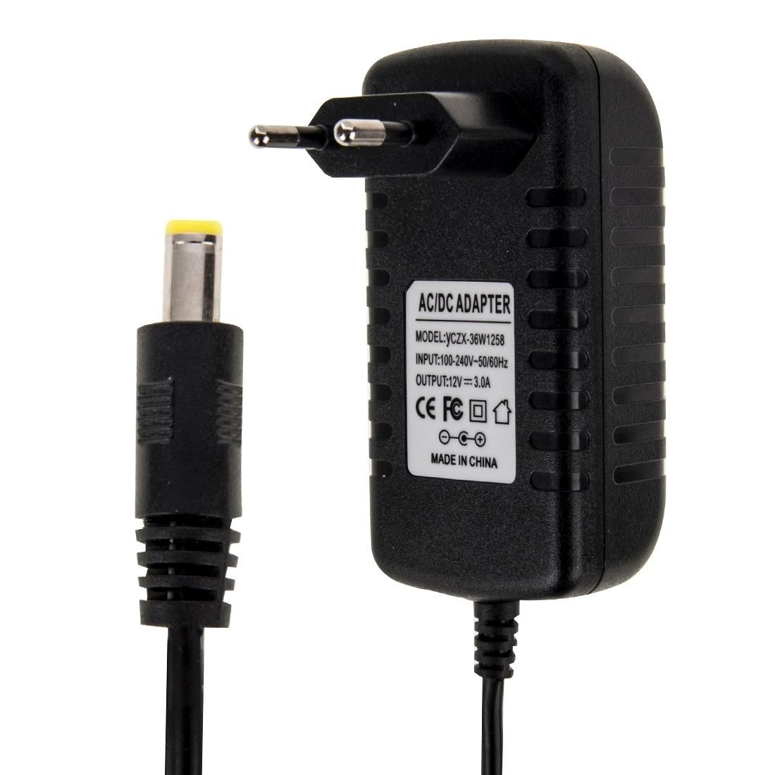EU Plug AC 100-240V to DC 12V 3A Power Adapter, Tips: 5.5 x 2.1mm, Cable Length: about 1.2m (Black)