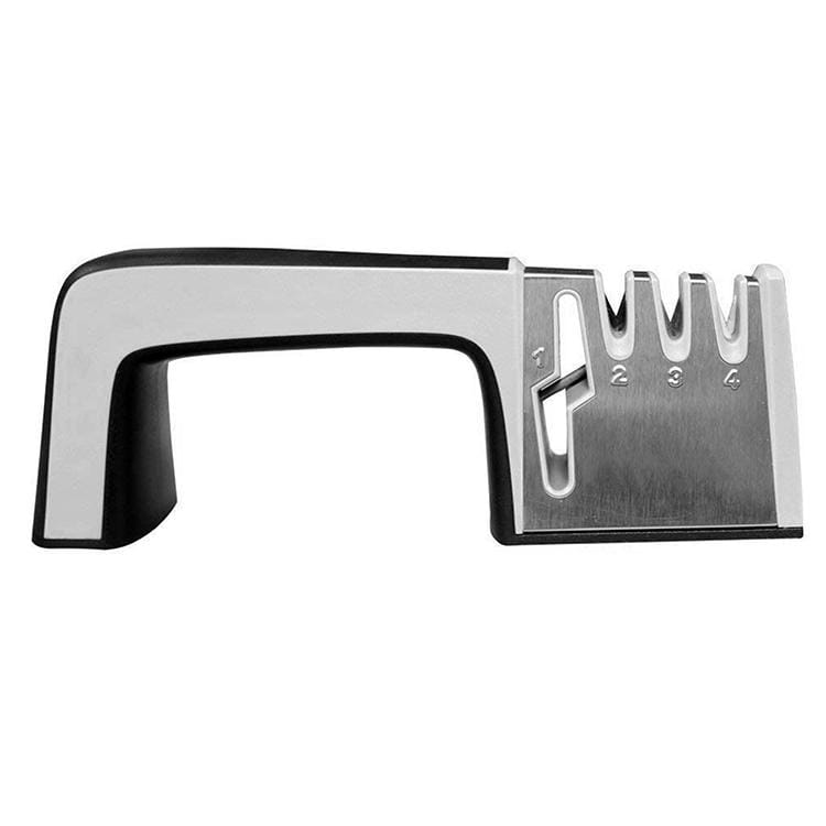 4 in 1 Stainless Steel Knife Sharpener Four Section Hand-held Quick Sharpening Tool with Non Slip Handle (Black)