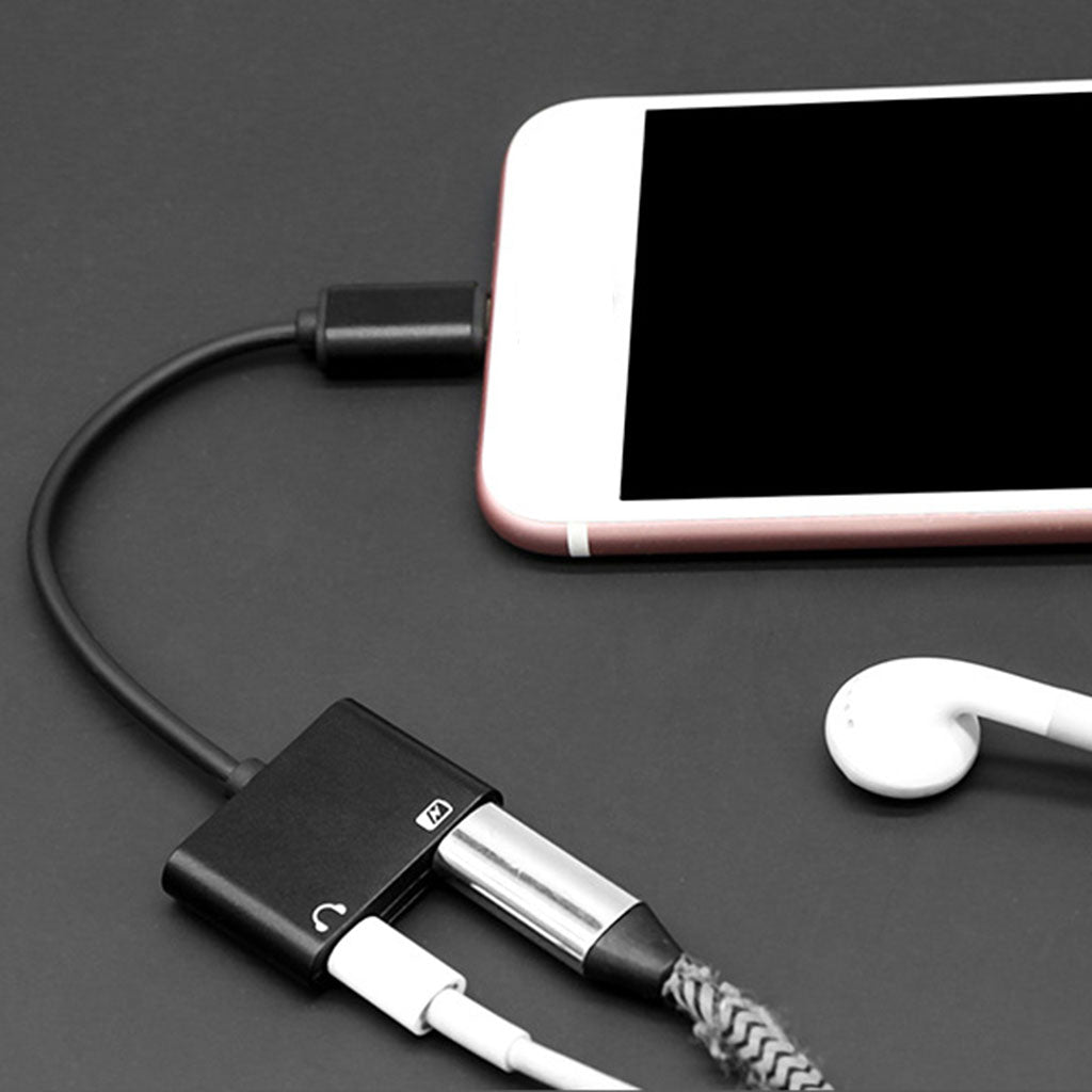2 in 1 Headphone Audio Adapter Charging Cable for iPhone 7 8 X B Model Black