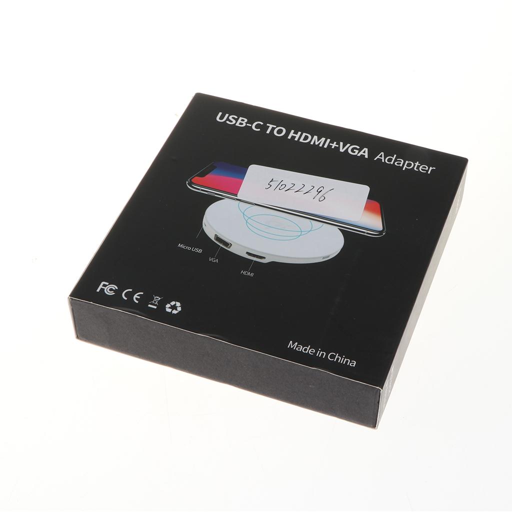 2 in 1 Type-C to Micro USB/HDMI/VGA HUB Dock +5W Wireless Charger White