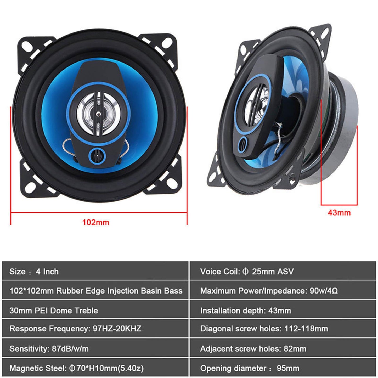 2 Pieces 4 300W Car Speaker Set Loudspeaker Easy Mounting Professional"
