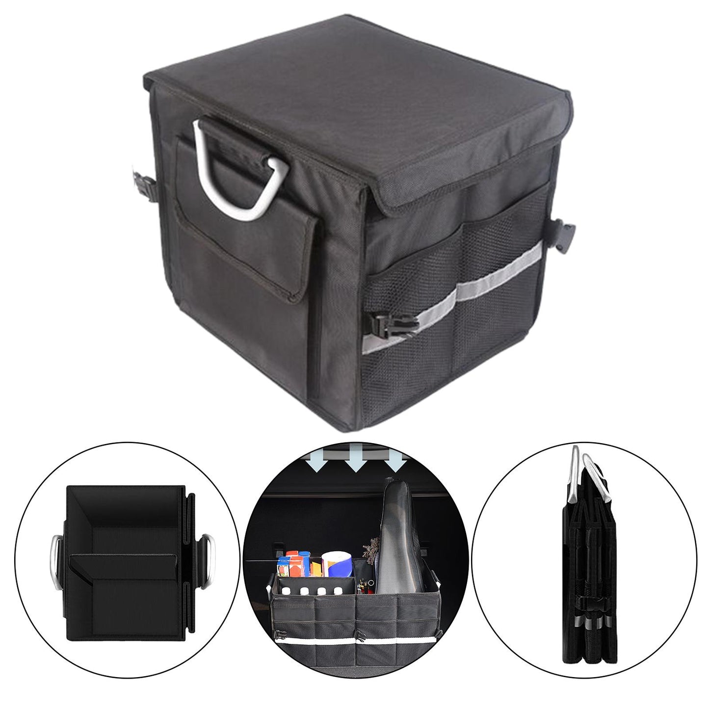 28L Oxford Fabric Collapsible Car Cargo Storage Organizer Black Reflective