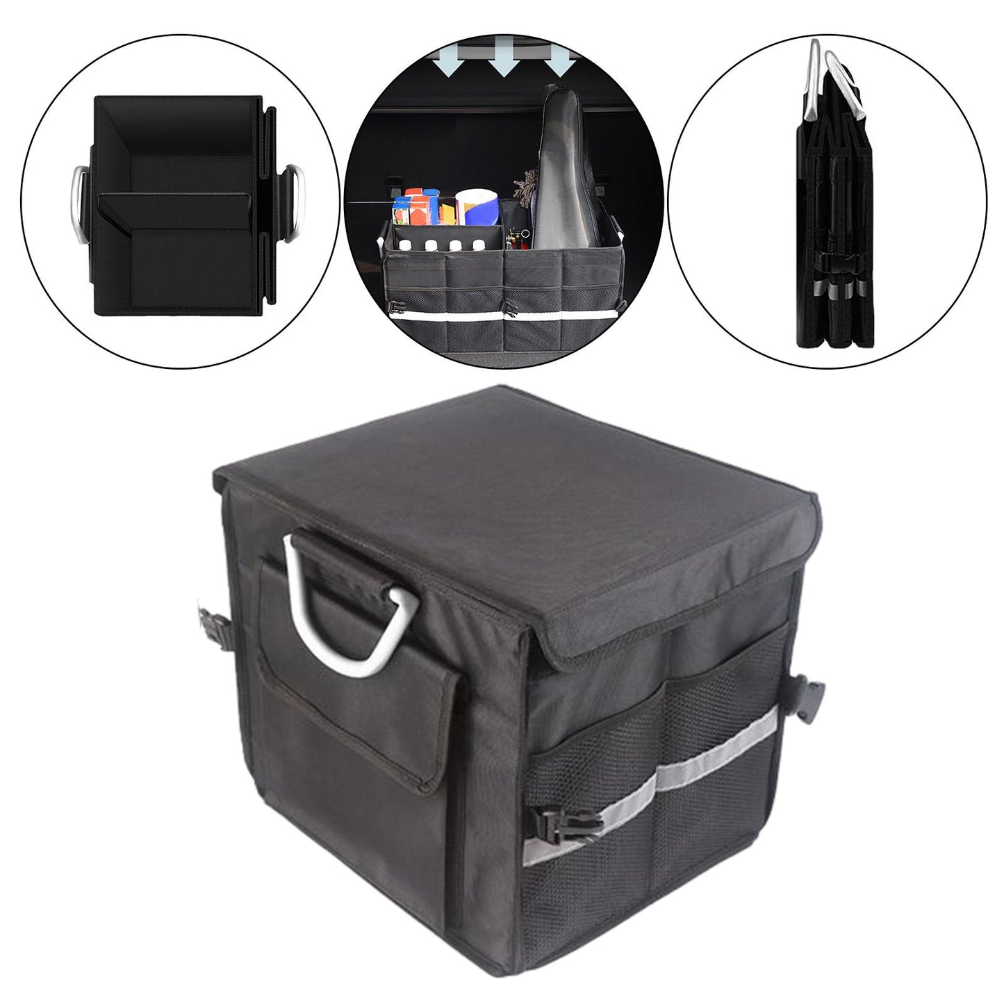 28L Oxford Fabric Collapsible Car Cargo Storage Organizer Black Reflective