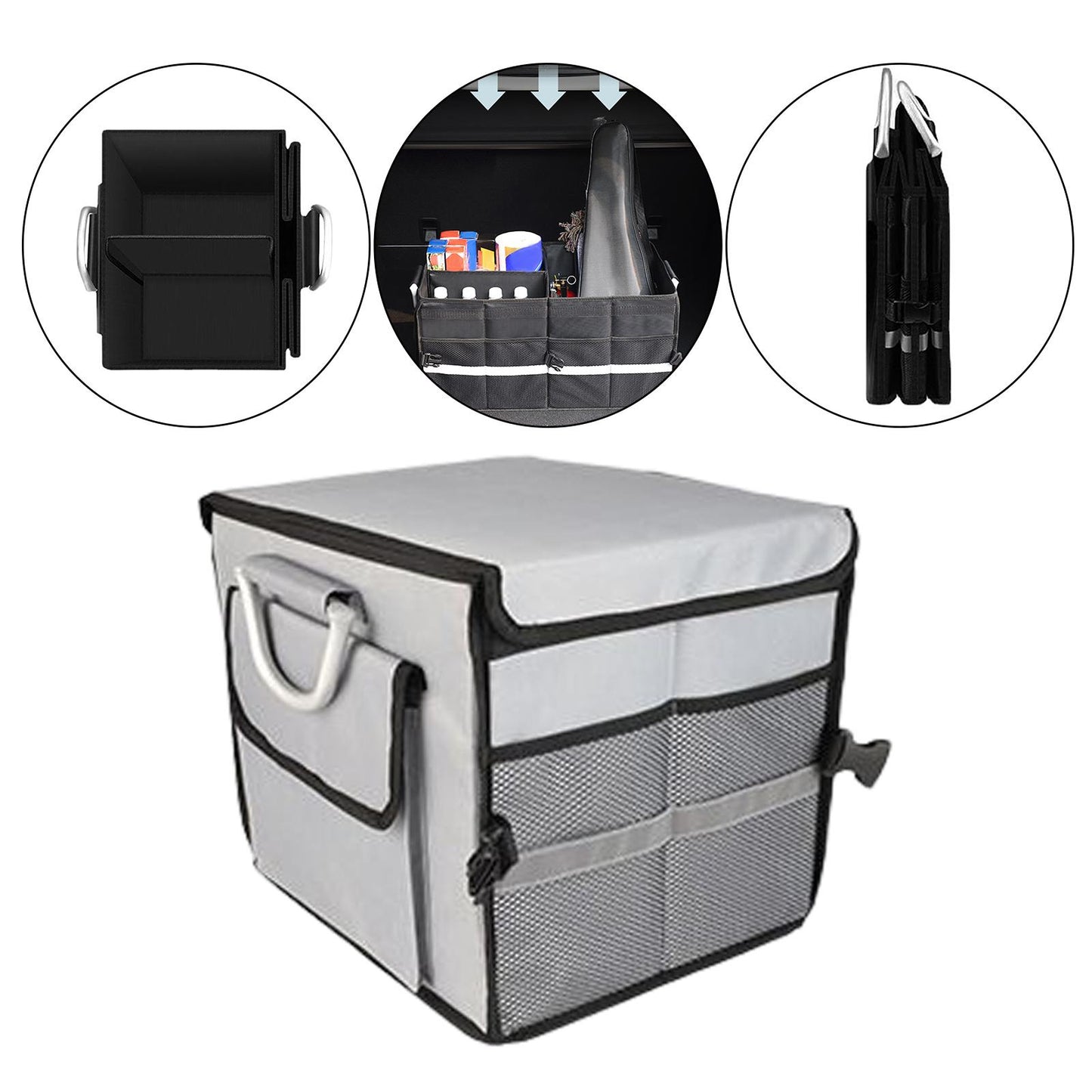 28L Oxford Fabric Collapsible Car Cargo Storage Organizer Grey Reflective