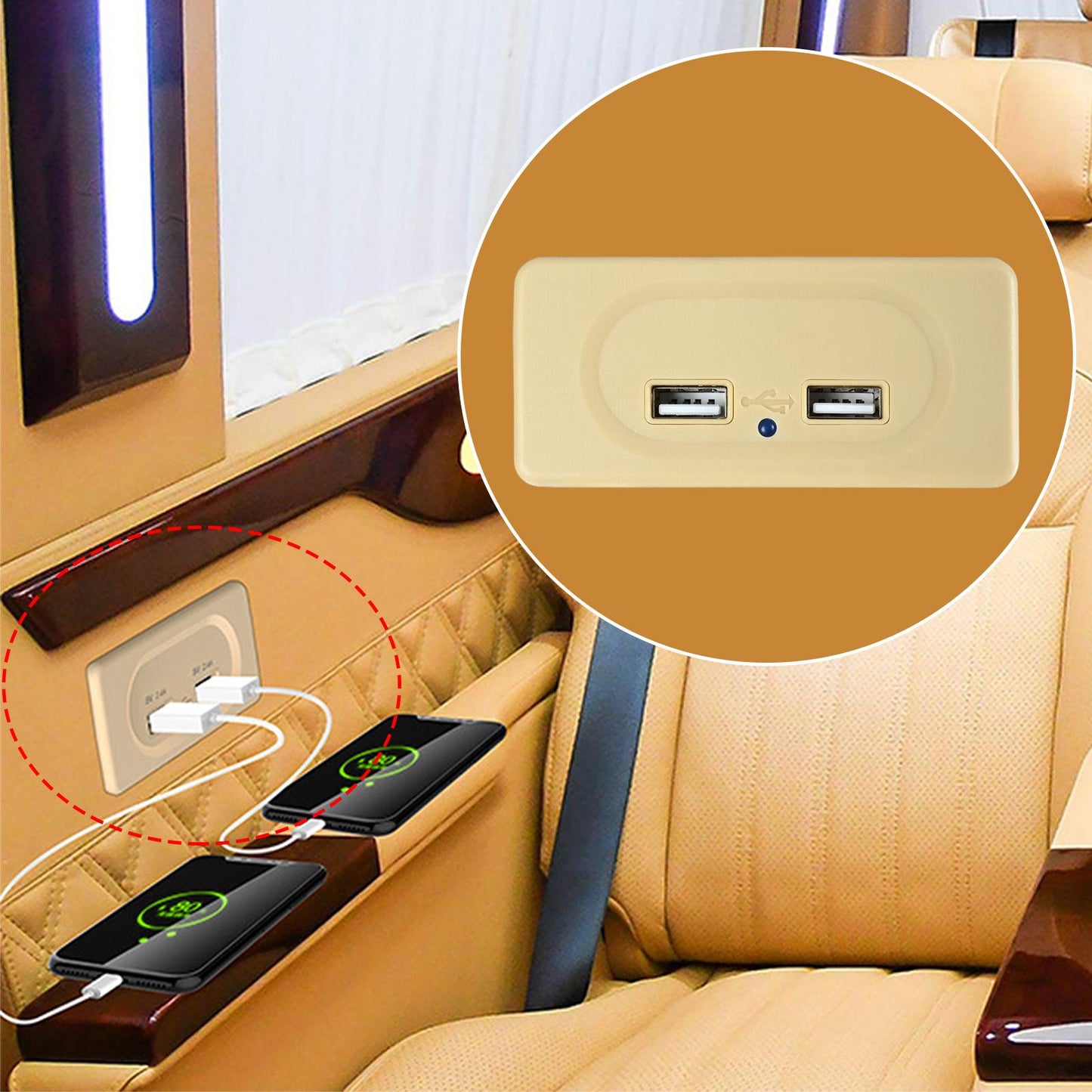 12V - 24V Car Dual USB Charger Socket for Car Digital Camera Tablet 4.8A Beige