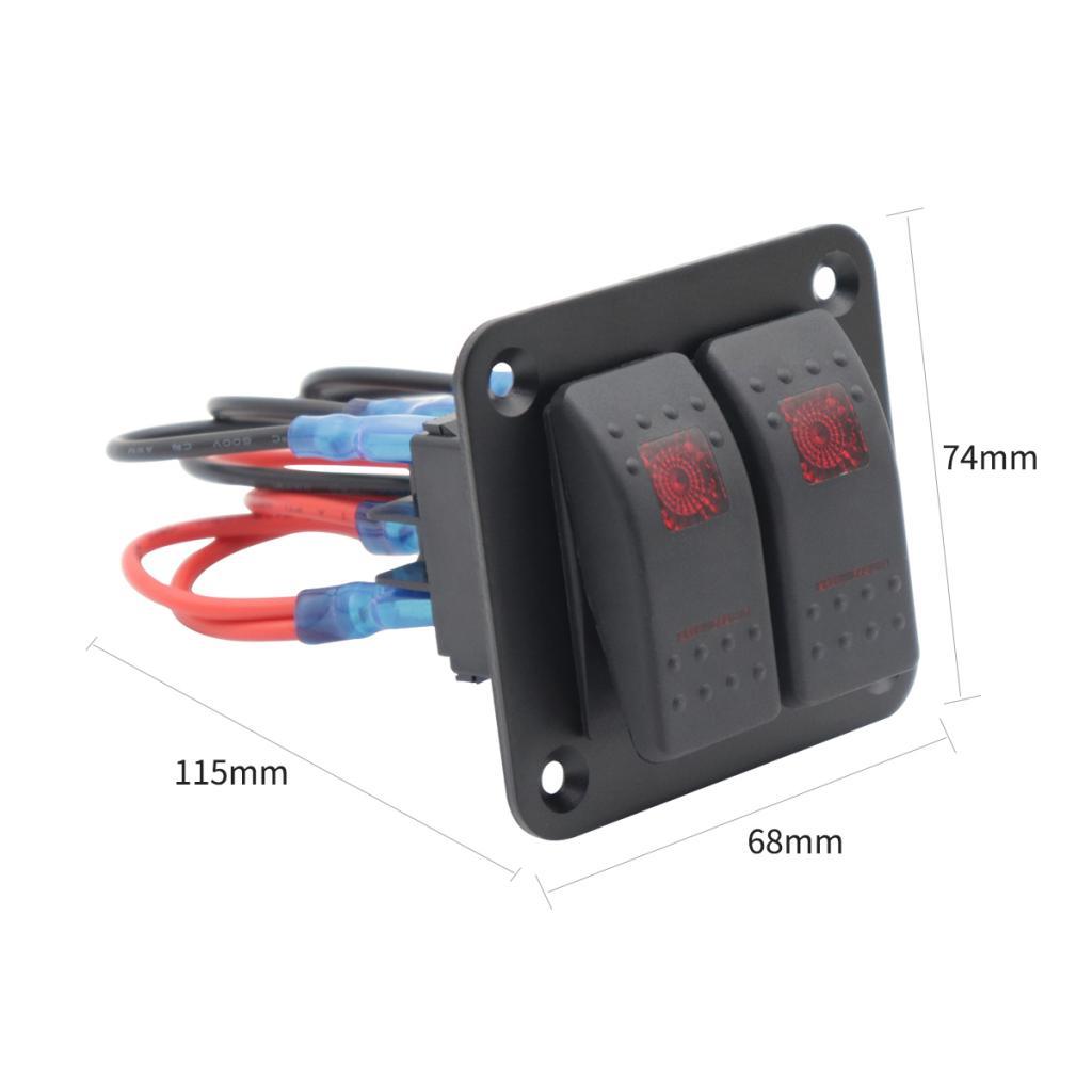 12V 24V 2 Gang Rocker Switch Panel Red Backlit LED 5 Pin for Vehicles RV