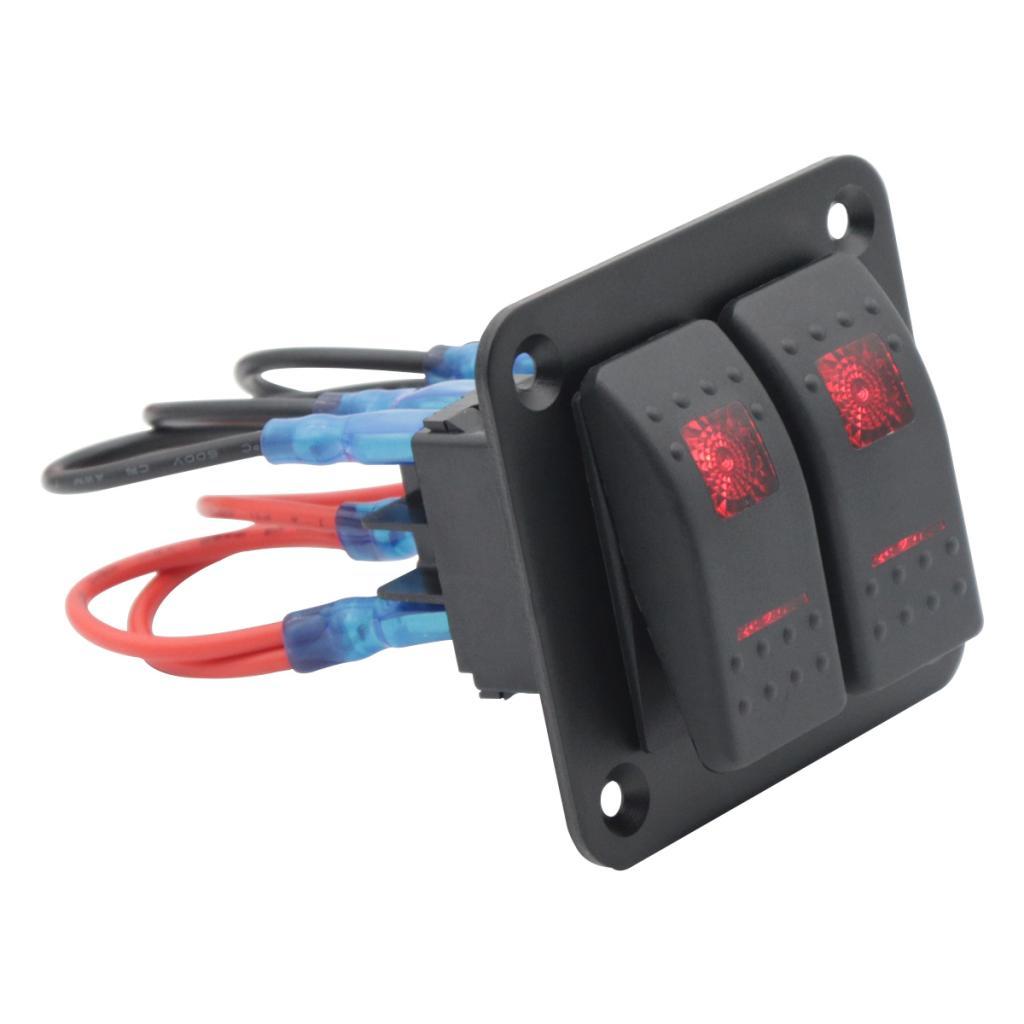 12V 24V 2 Gang Rocker Switch Panel Red Backlit LED 5 Pin for Vehicles RV