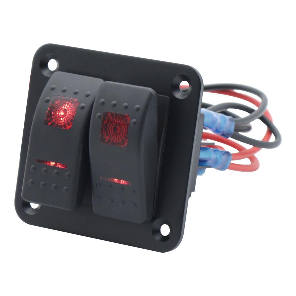 12V 24V 2 Gang Rocker Switch Panel Red Backlit LED 5 Pin for Vehicles RV