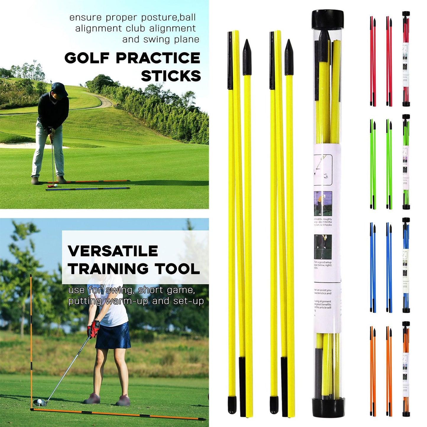 2Pack Golf Alignment Rods Golf Swing Trainer Sticks Golf Training Equipment Yellow