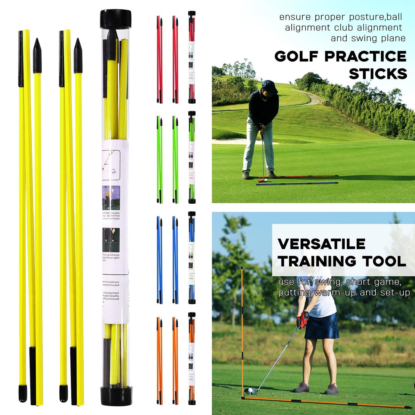 2Pack Golf Alignment Rods Golf Swing Trainer Sticks Golf Training Equipment Yellow