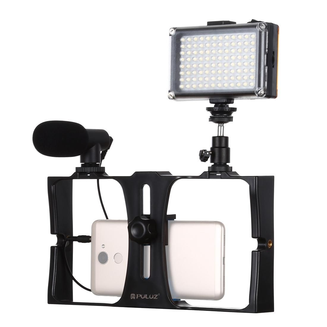 PULUZ 3 in 1 Vlogging Live Broadcast LED Selfie Light Smartphone Video Rig Kits with Microphone + Cold Shoe Tripod Head for iPhone, Galaxy, Huawei, Xiaomi, HTC, LG, Google, and Other Smartphones (Red)
