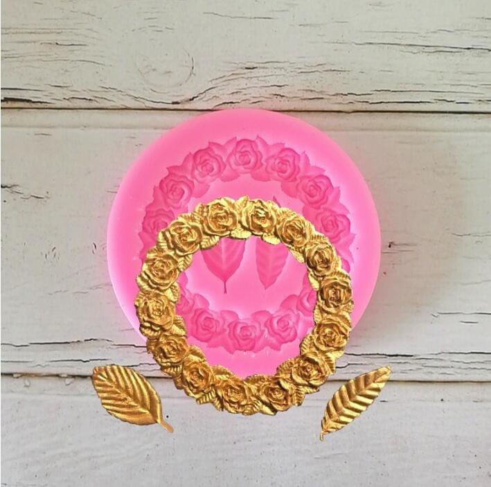 2 PCS Rose Garland Rose Leaf Silicone Fondant Mold Cake Edging Decoration Tool Baking Glue Mold(Pink)