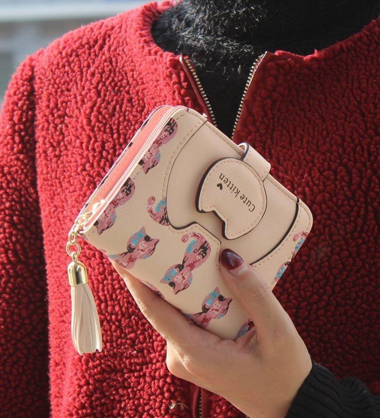 Tassel Cartoon Cat Women Wallet Printing PU Leather Women Walelt(Pink)
