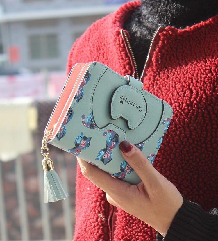 Tassel Cartoon Cat Women Wallet Printing PU Leather Women Walelt(Pink)