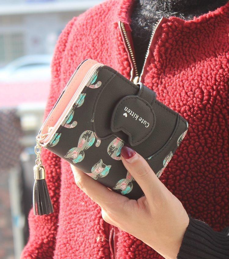 Tassel Cartoon Cat Women Wallet Printing PU Leather Women Walelt(Pink)