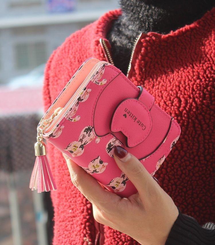 Tassel Cartoon Cat Women Wallet Printing PU Leather Women Walelt(Pink)