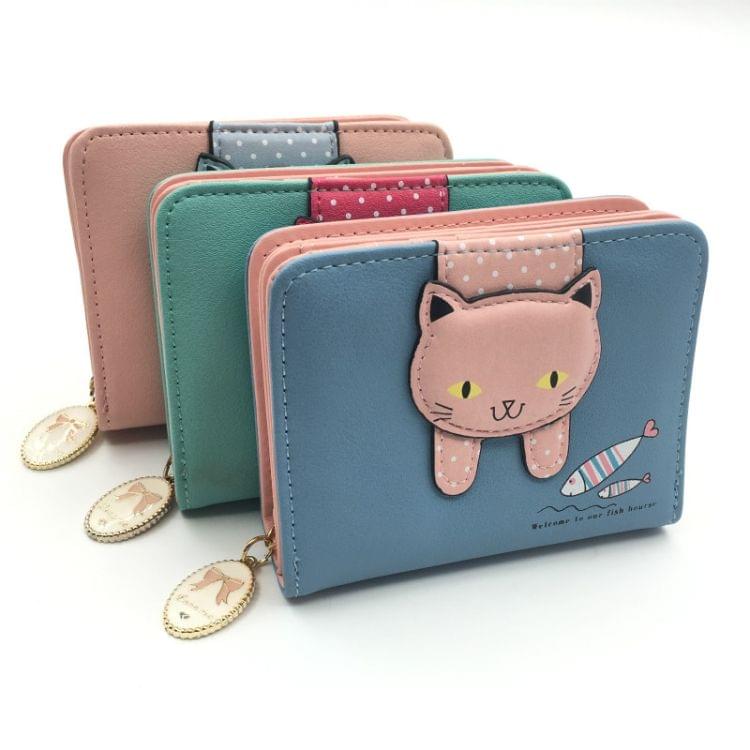 Women Cute Cat Wallet Small Zipper Wallet PU Leather Coin Purse Card Holder(Pink)