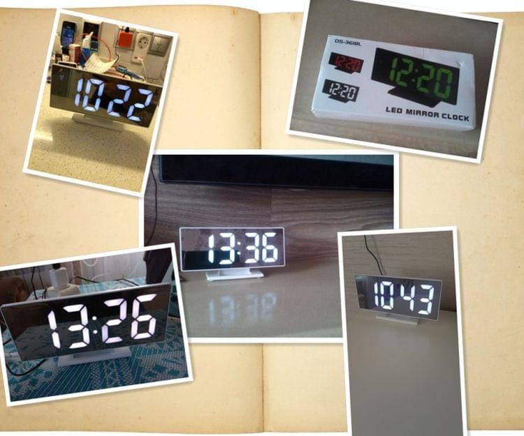 Multi-function Large Screen Electronic Clock Mute LED Mirror Alarm Clock(Green Light with Black Frame)