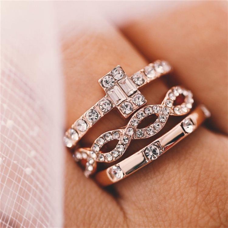3PCS/Set Women Girls Fashion Geometry Crystal Rings, Ring Size:7