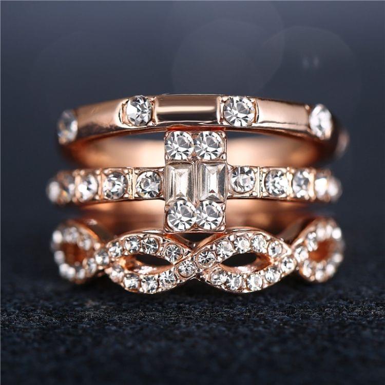 3PCS/Set Women Girls Fashion Geometry Crystal Rings, Ring Size:7