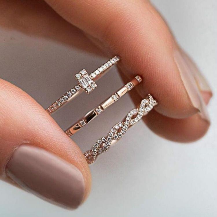 3PCS/Set Women Girls Fashion Geometry Crystal Rings, Ring Size:8